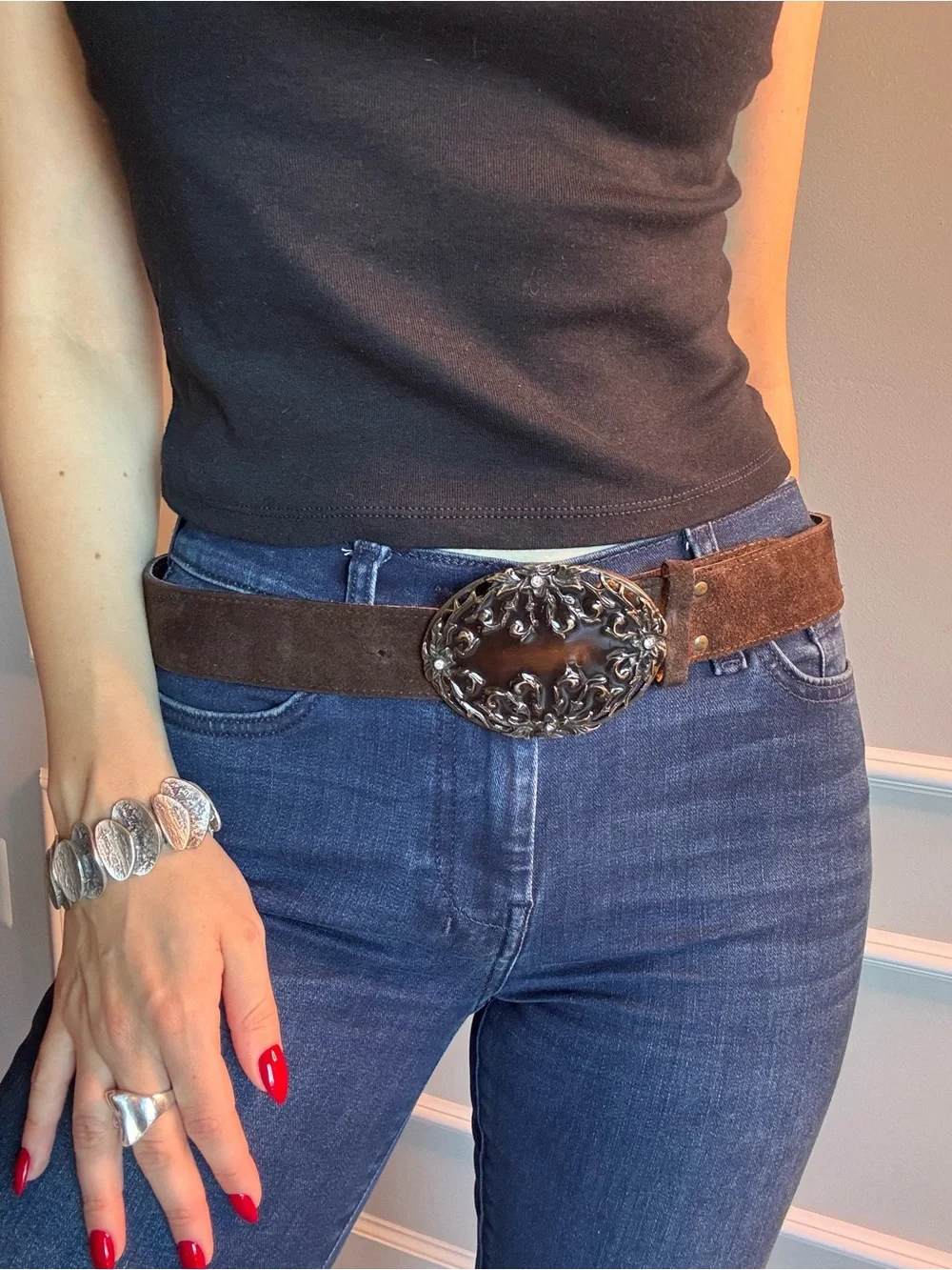 Italian Leather Women's Brown Suede Belt with Ornate Silver Buckle